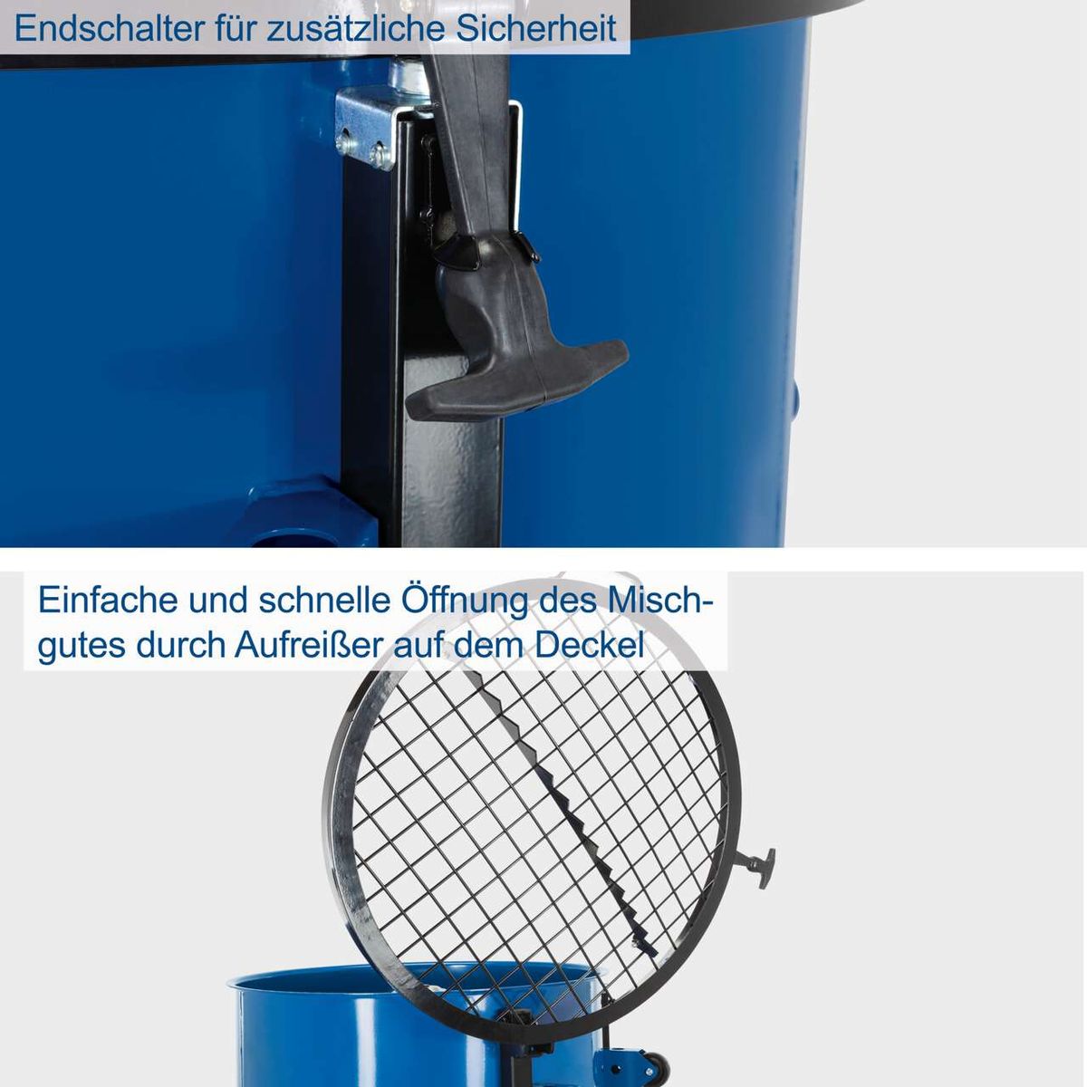 Zwangsmischer CCM130 mit Endschalter für zusätzliche Sicherheit und einfache Öffnung des Mischgutes durch Aufreißer auf dem Deckel.