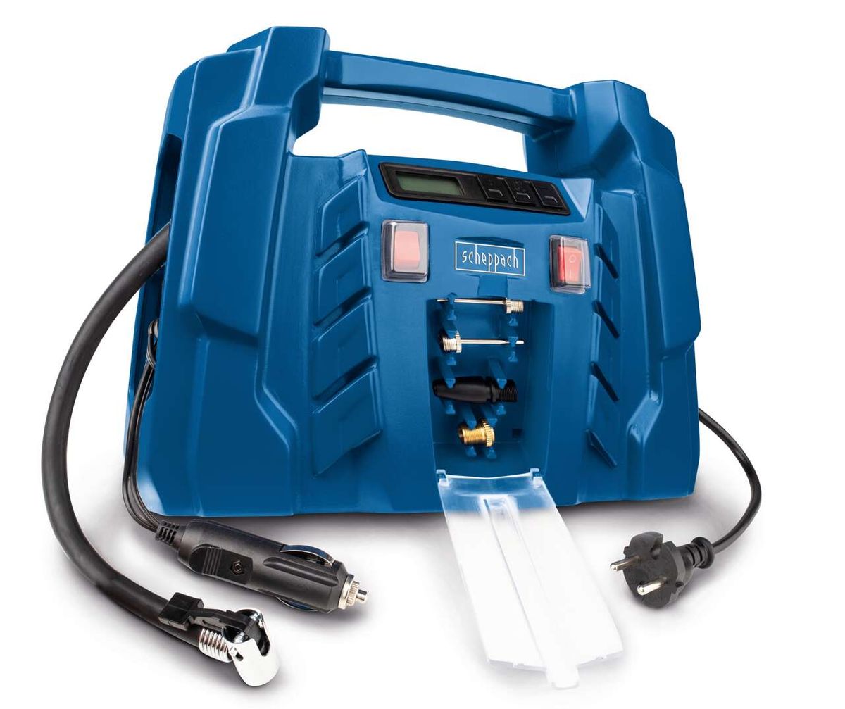 Scheppach Kompressor Airforce 5, tragbar und mobil, mit LCD-Display und Zubehörset, inkl. 230V und 12V Anschluss, ideal für Auto / KFZ, ölfrei.