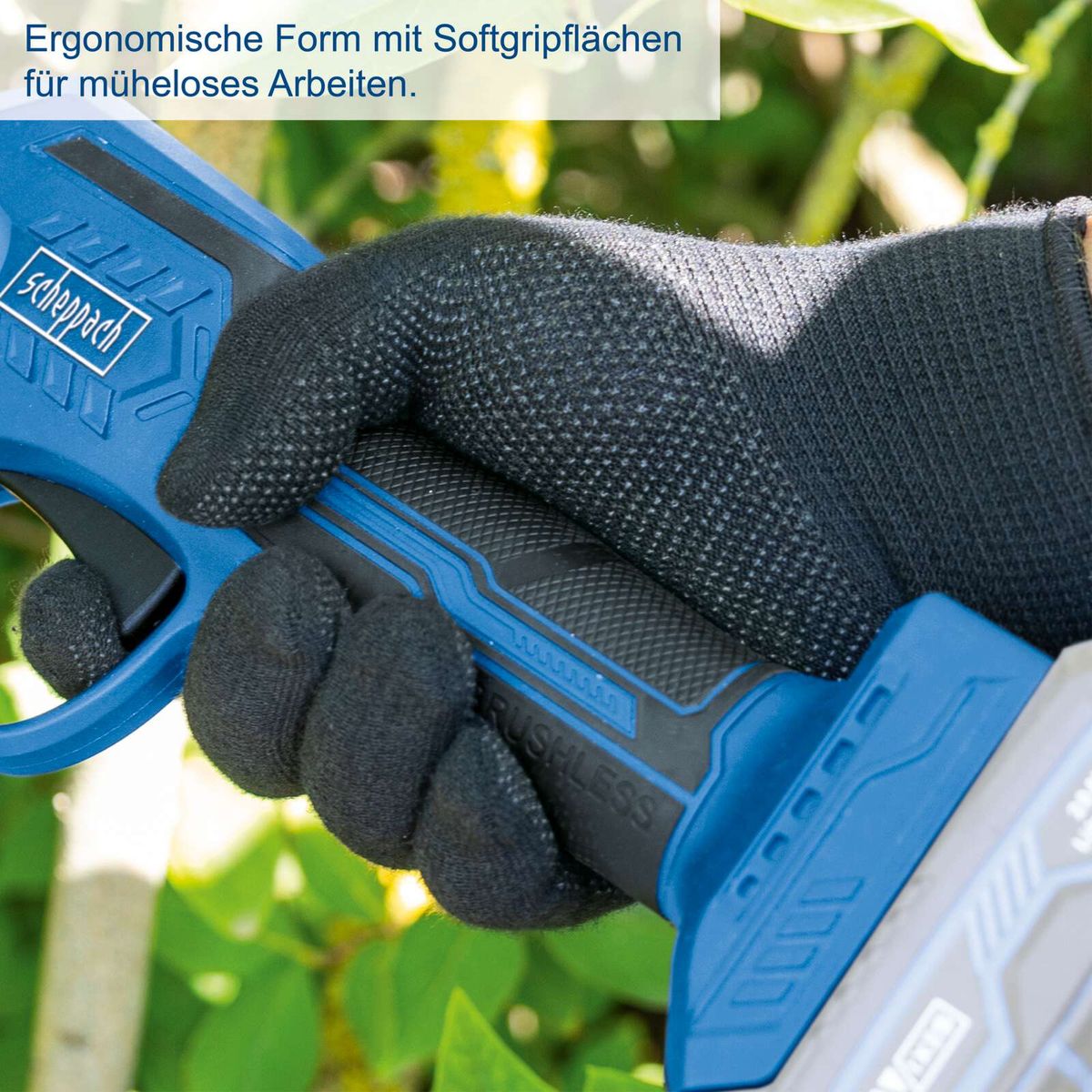 Die Akku-Astschere BC-PRS28-X von Scheppach bietet eine ergonomische Form mit Softgripflächen für müheloses Arbeiten. Sie verfügt über einen Handschutz und eine automatische Abschaltung sowie einen bürstenlosen Motor.