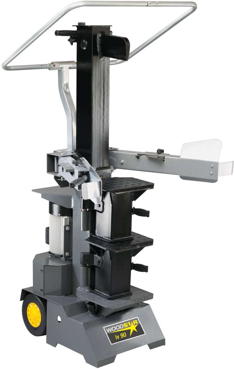 Holzspalter lv 90 Woodster inkl. Treibkeil und Spaltfächer. Frontansicht des stehenden Holzspalters.
