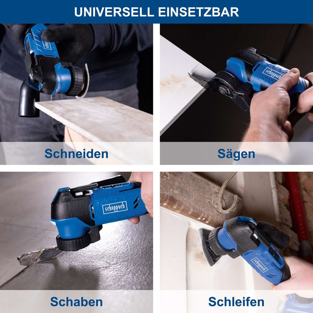 Multifunktionswerkzeug mit Scheppach-Akku für Schneiden, Sägen, Schaben und Schleifen