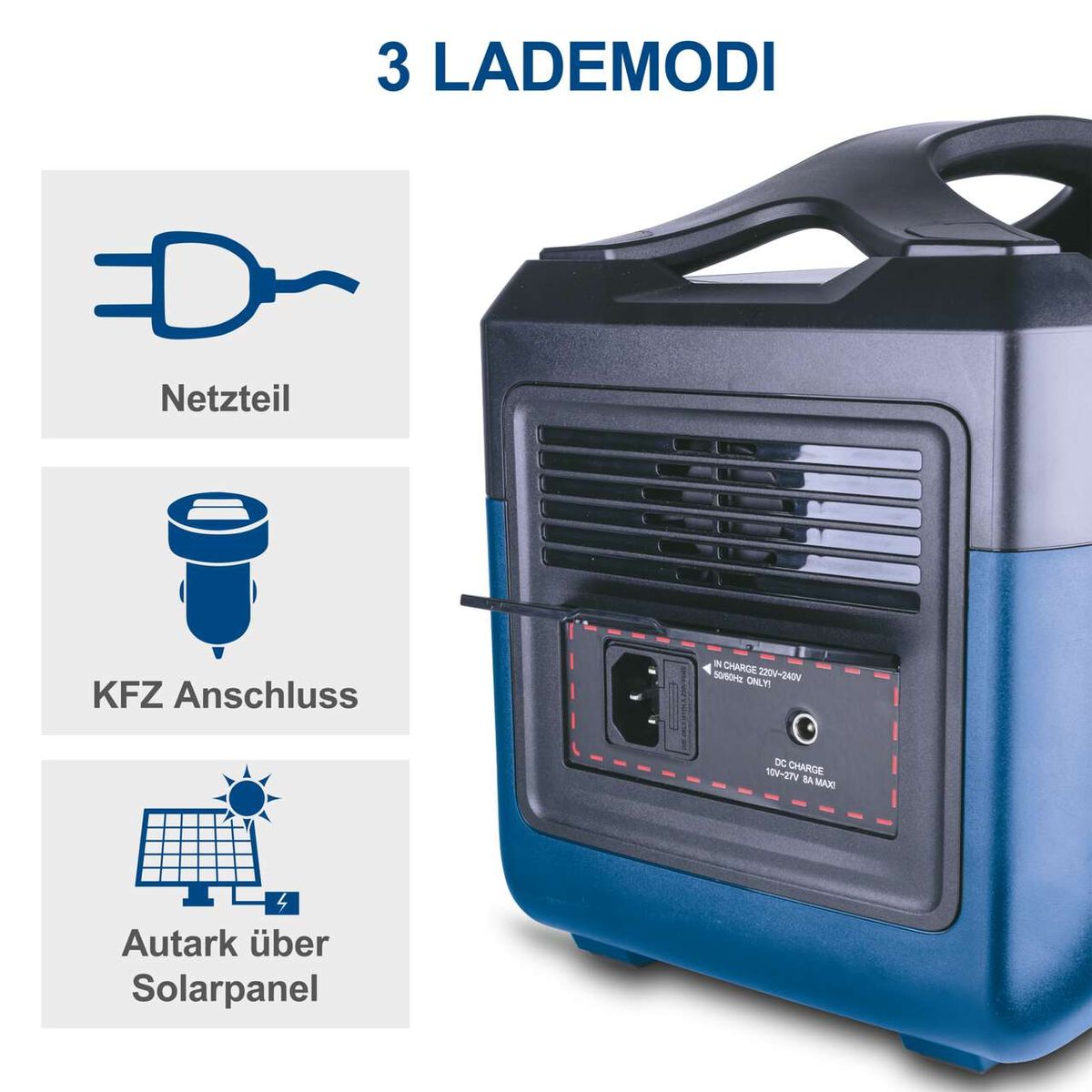 Die Powerstation BSG1200MAX von Scheppach bietet drei Lademodi: Netzteil, KFZ-Anschluss und Autarkie über Solarpanel. Diese Funktionen ermöglichen flexible Lademöglichkeiten für verschiedene Anwendungen.