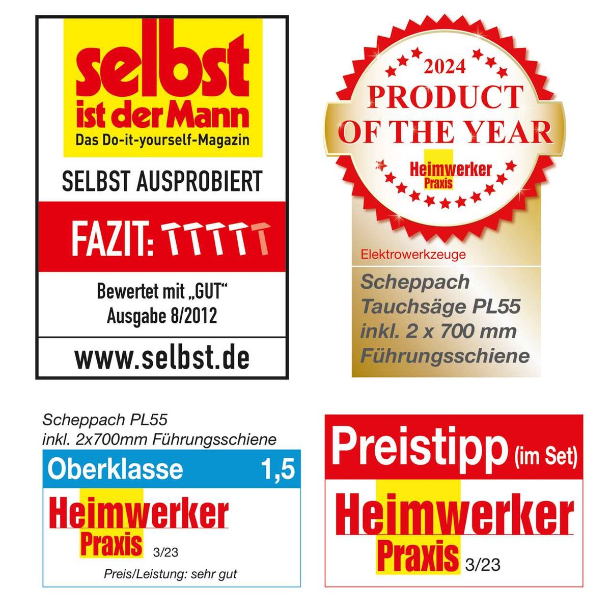 Scheppach Tauchsäge PL55 mit 2x 700mm Führungsschiene. Bewertungen: Selbst ist der Mann (GUT, 8/2012), Heimwerker Praxis (Oberklasse 1,5, 3/23, Preis/Leistung sehr gut, Produkt des Jahres 2024).