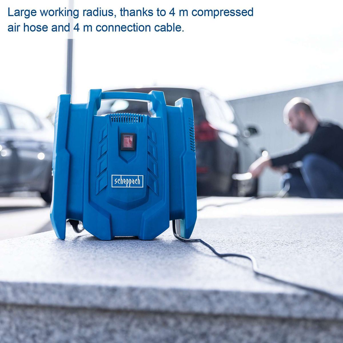 The Scheppach Airforce 7 compressor offers a large working radius thanks to a 4 m compressed air hose and a 4 m connection cable.