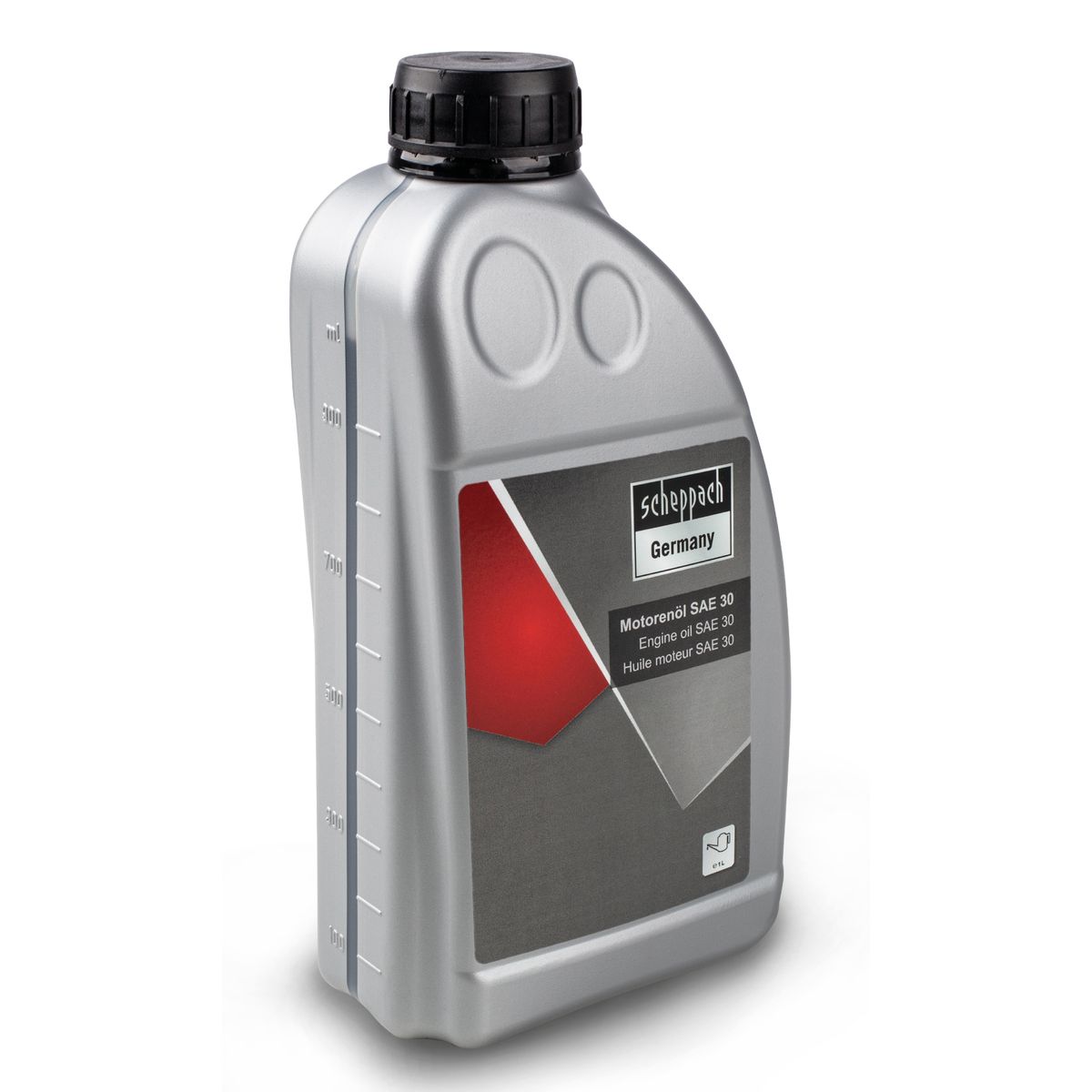 Scheppach Motorenöl SAE30 (DIY) in einer grauen Flasche mit schwarzem Deckel, Blick von der Seite.