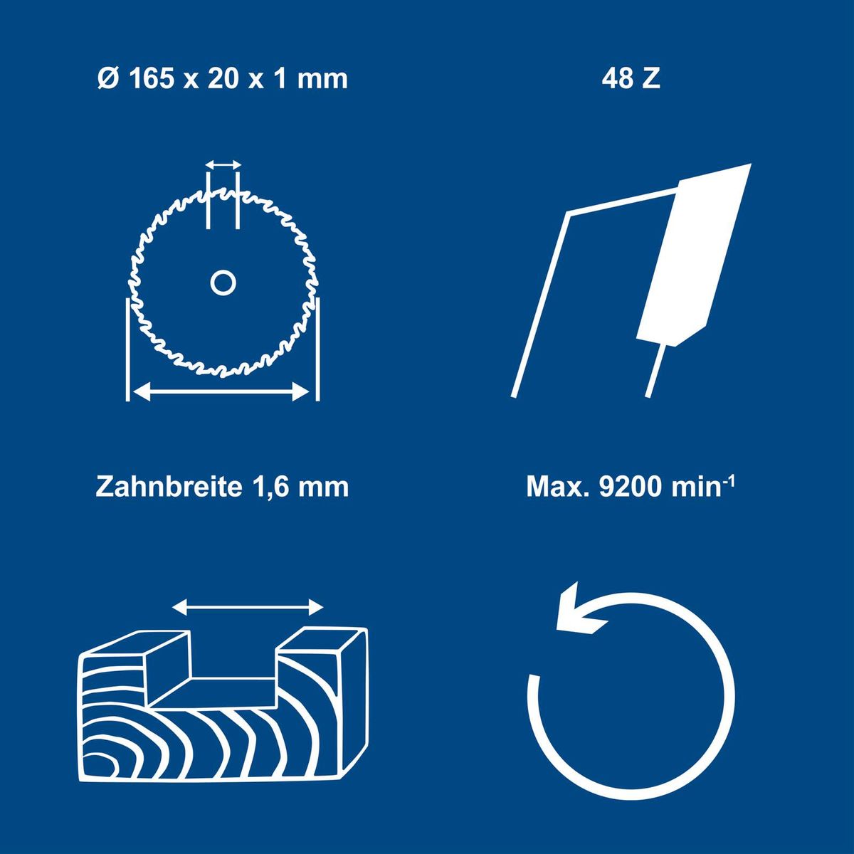 Scheppach-Kreissägeblatt mit 165 mm Durchmesser, 48 Zähnen, 20 mm Breite und 1 mm Dicke, Zahnbreite 1,6 mm, bis zu 9200 U/min