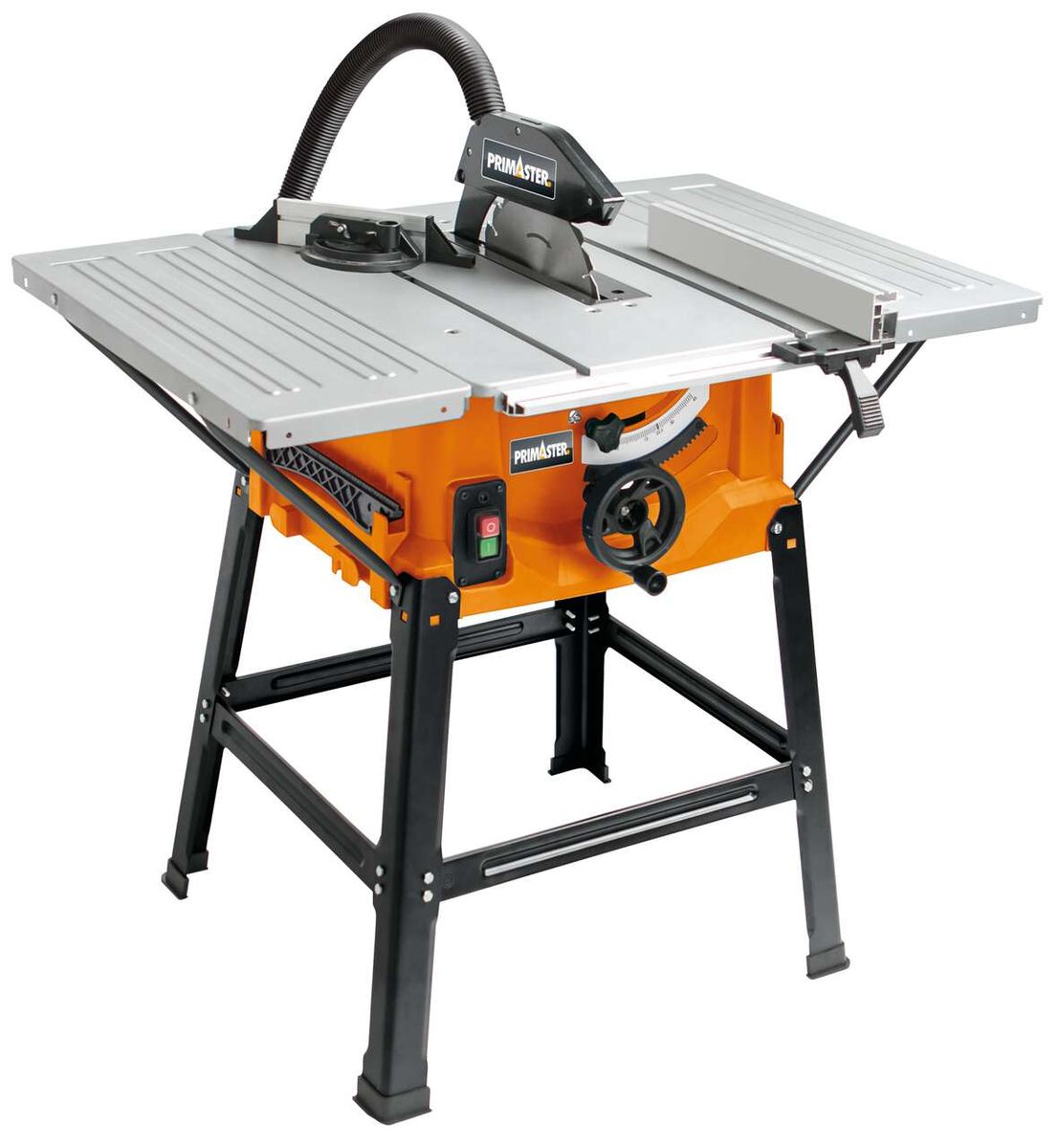 Tischkreissäge HS100S von Primaster, seitliche Ansicht mit Standfuß und Staubabsaugung.