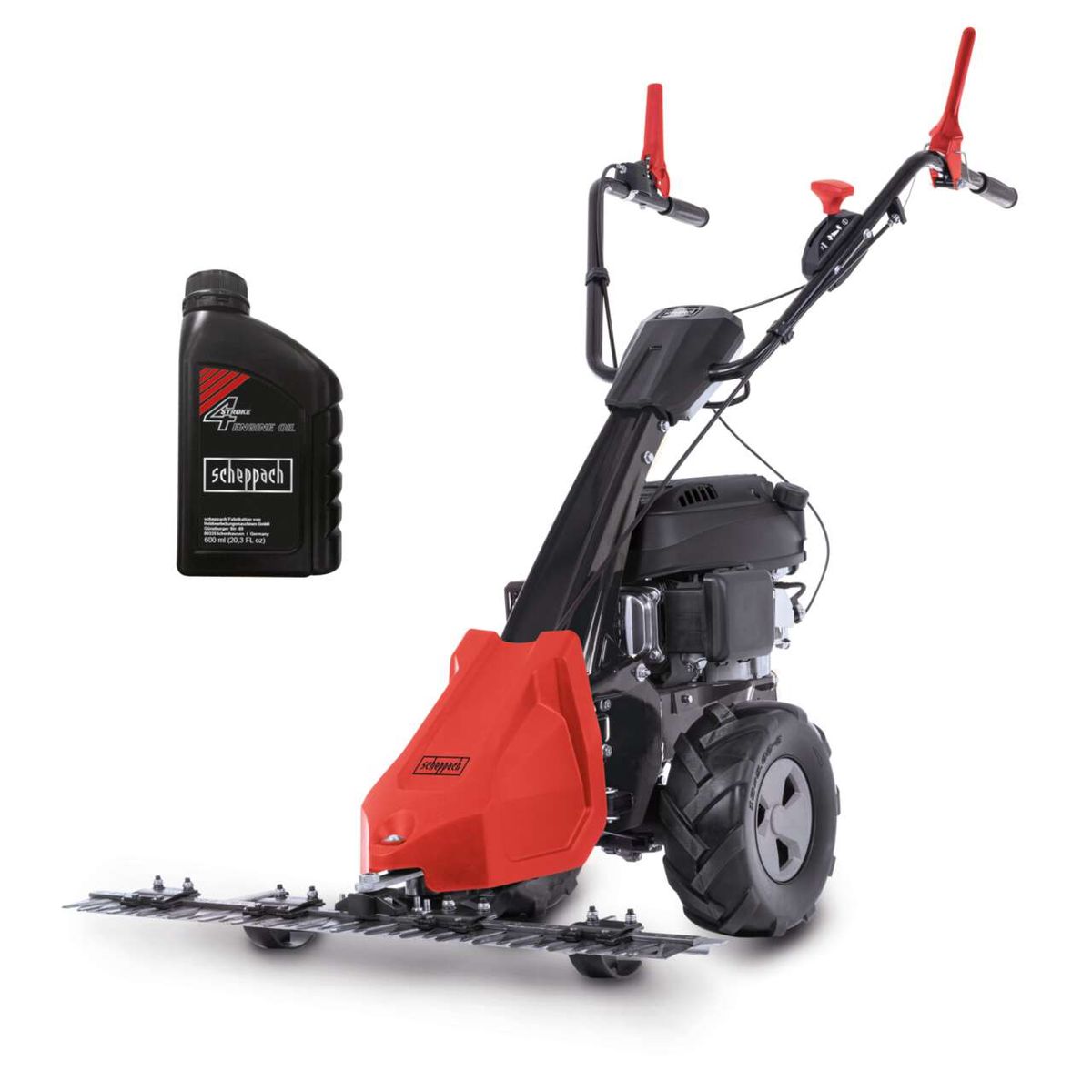 Der Balkenmäher BMS196-88 von Scheppach. Gezeigt von der Seite. Mit 4-Takt Motoröl für optimale Leistung. 600 ml (20,3 FL oz).