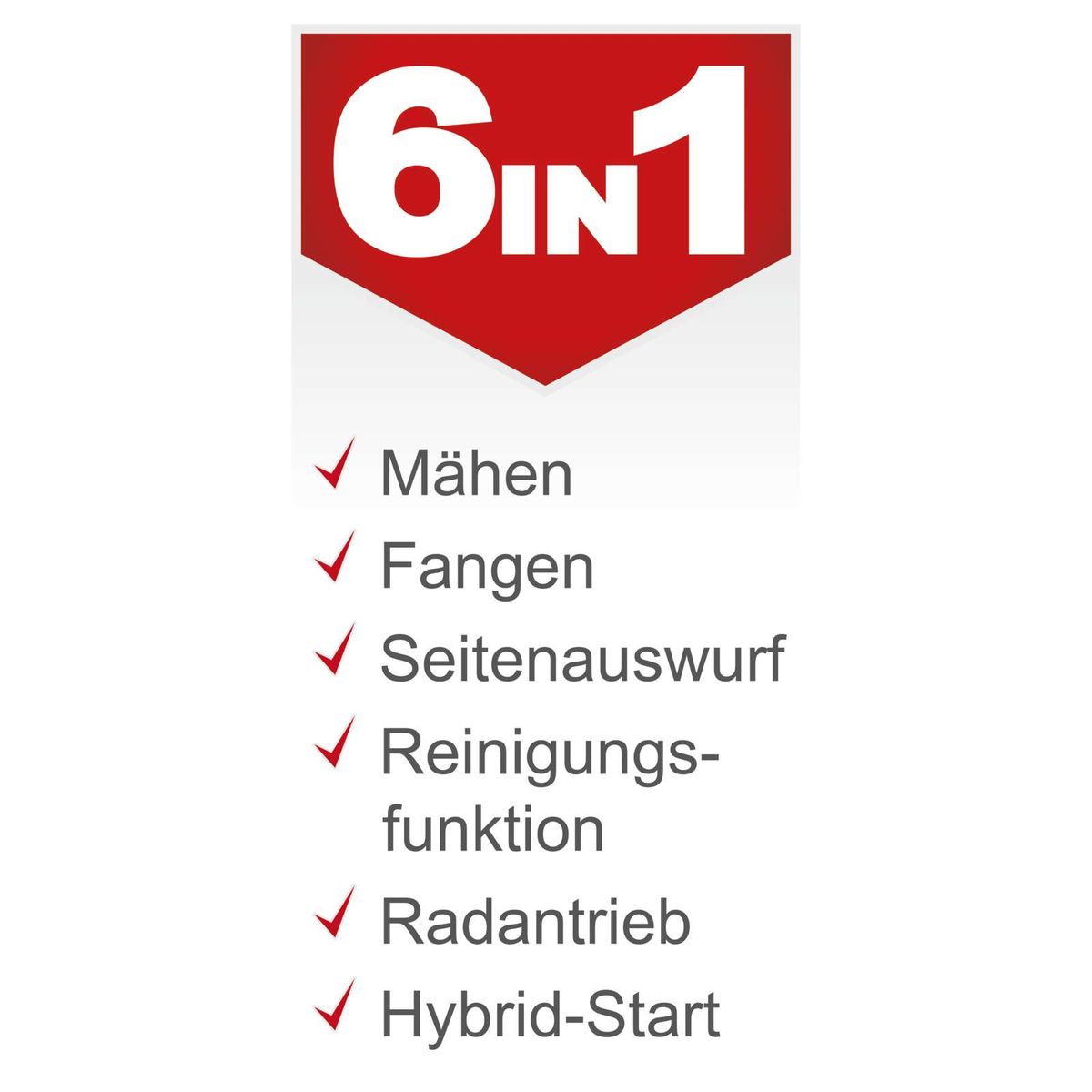 Der Benzin-Aufsitzrasenmäher MR230-61 von Scheppach bietet folgende Funktionen: Mähen, Fangen, Seitenauswurf, Reinigungsfunktion, Radantrieb und Hybrid-Start.