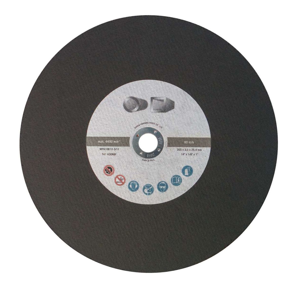 Trennscheibe MT150 Redstone, Vorderansicht, technische Details und Symbole auf Etikett.