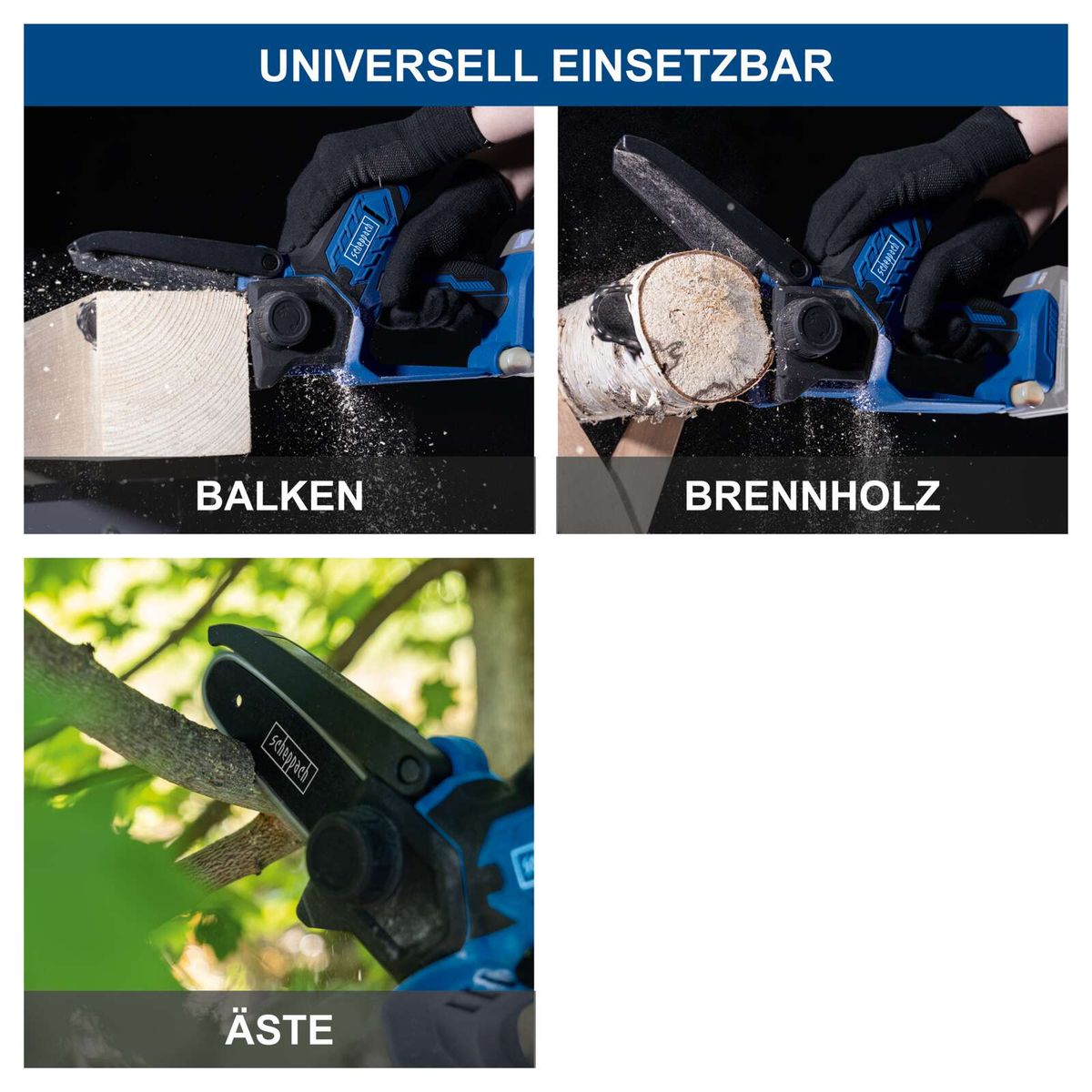 Universal einsetzbare Akku-Gehölzschneidwerkzeuge für Balken, Brennholz und Äste