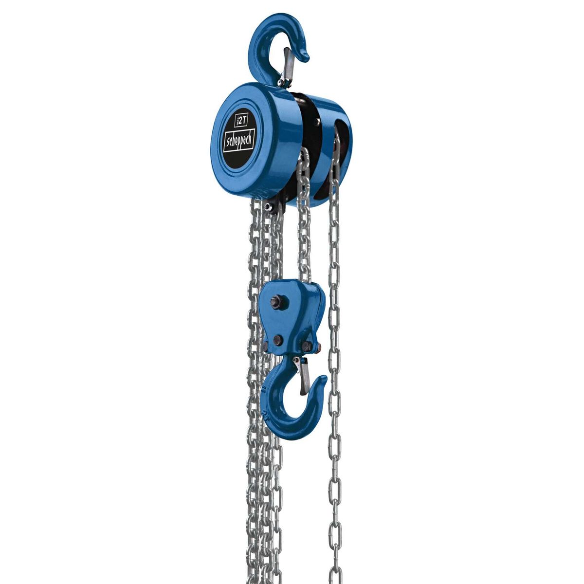 Scheppach-Kettenzug CB02 mit 2000 kg Tragkraft, 3000 mm Hubhöhe, 2500 mm Bedienkette, mit Kennzeichnung und Funktionselementen