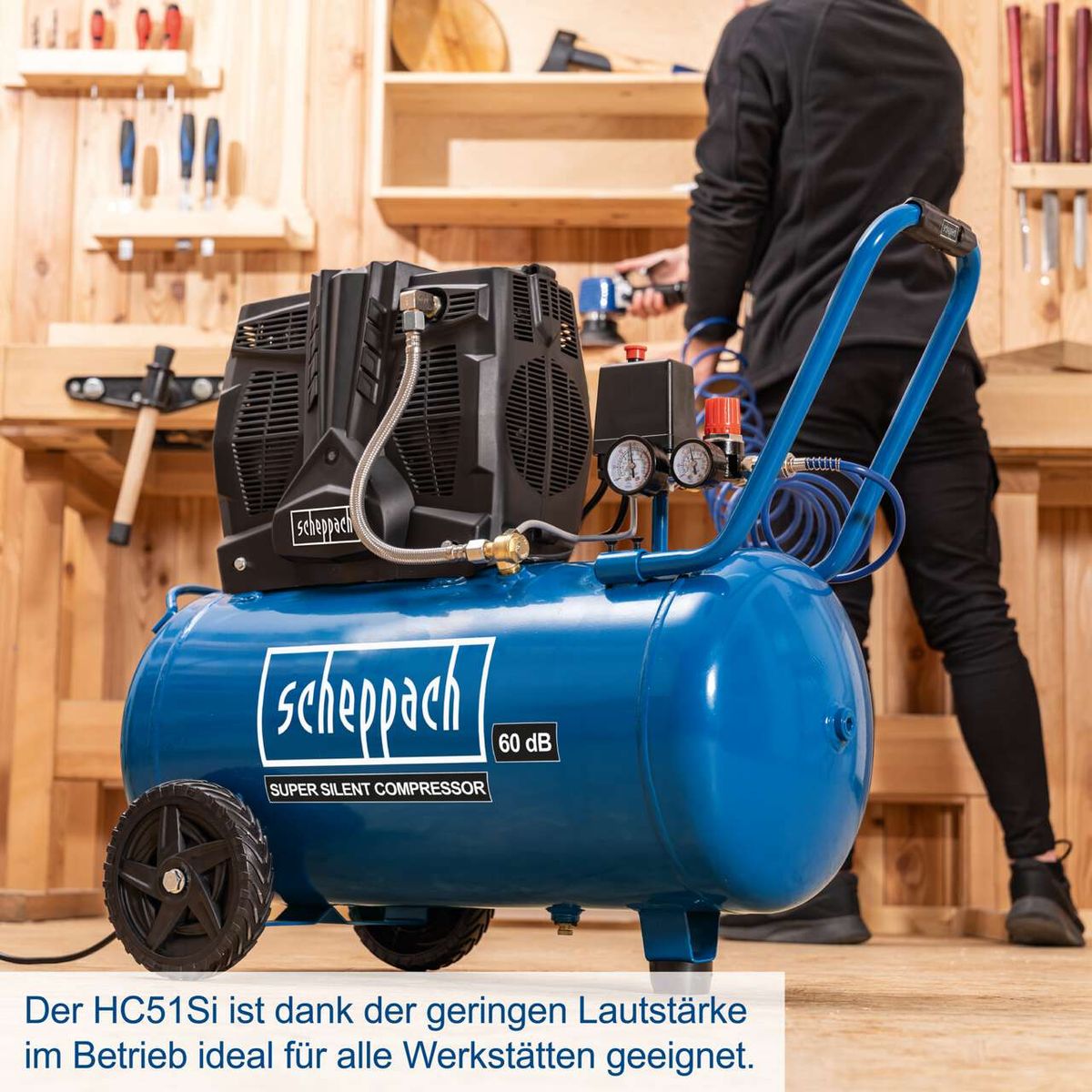 Der Scheppach HC51Si ist ein leiser Kompressor mit 60 dB Lautstärke, ideal für Werkstätten.