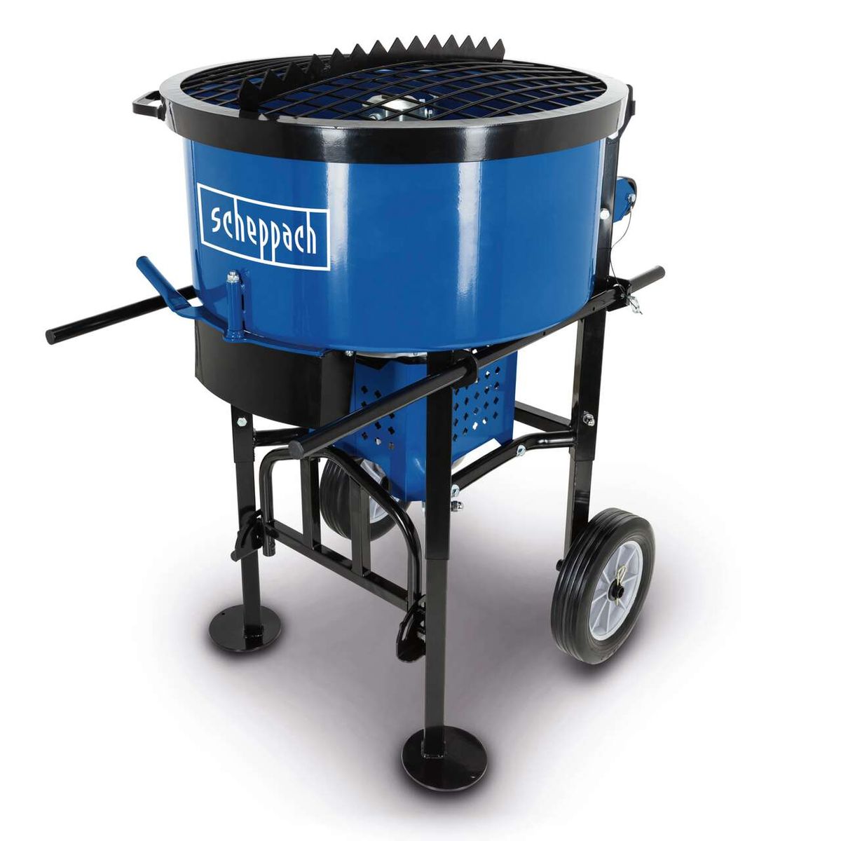 Zwangsmischer CCM130 von Scheppach mit robustem Metallgehäuse und großen Rädern für einfache Beweglichkeit. Ausgestattet mit einem stabilen Griff und einem Sicherheitsgitter oben.