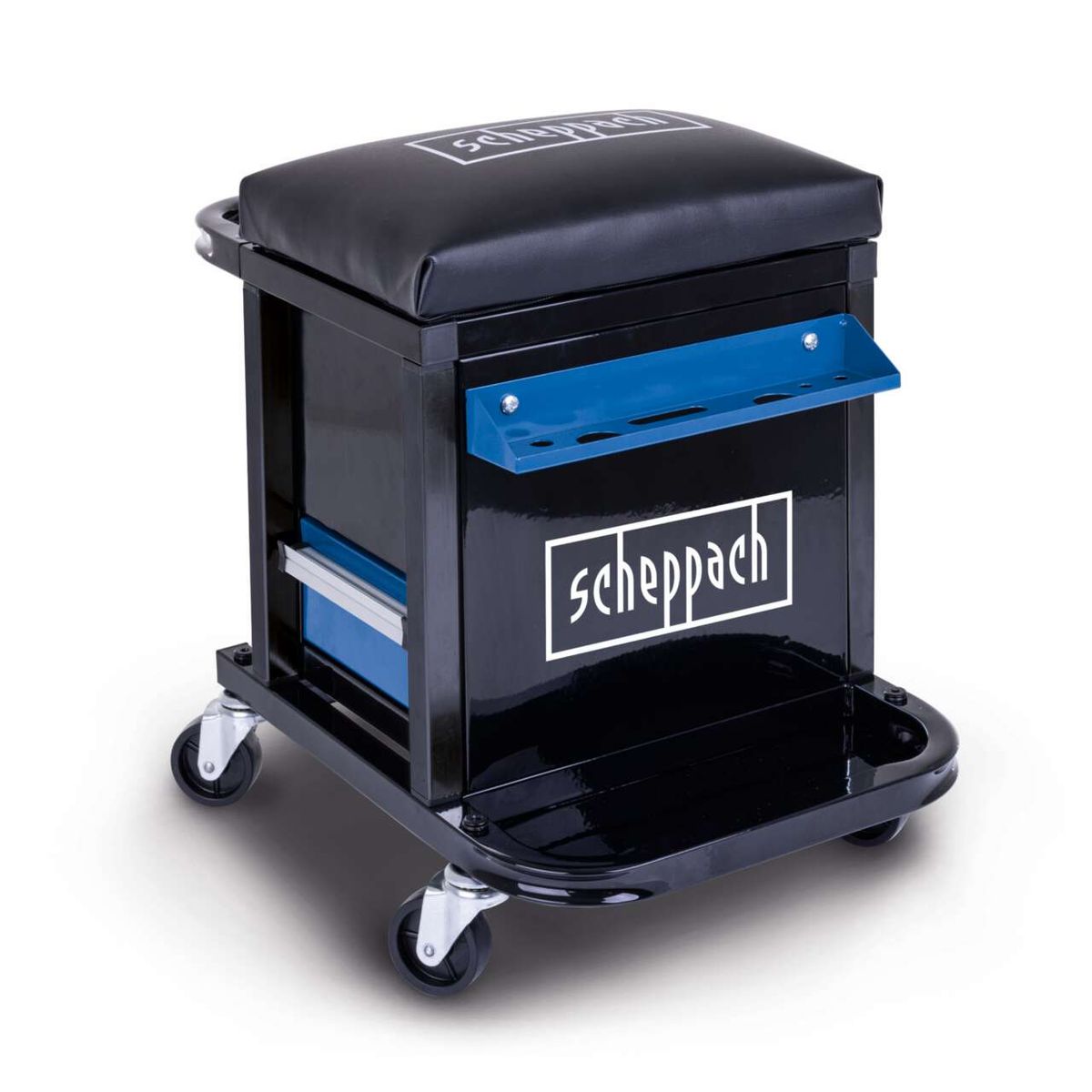 2in1 Werkstatthocker TW900 Scheppach. Rollhocker mit gepolstertem Sitz und zwei Schubladen. Höhe 500mm. Ideal für Werkstatt und DIY-Projekte.