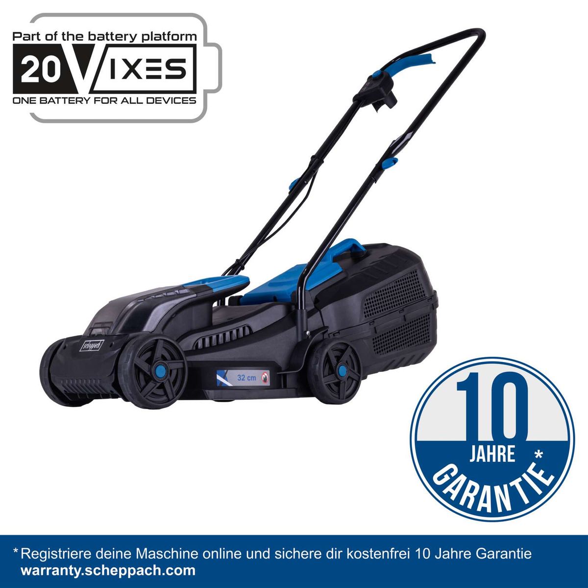 Scheppach Akku-Rasenmäher mit 32 cm Schnittbreite, 10 Jahre Garantie, 20-Volt-Batterie-System, inkl. Online-Registrierung für kostenlose Garantie