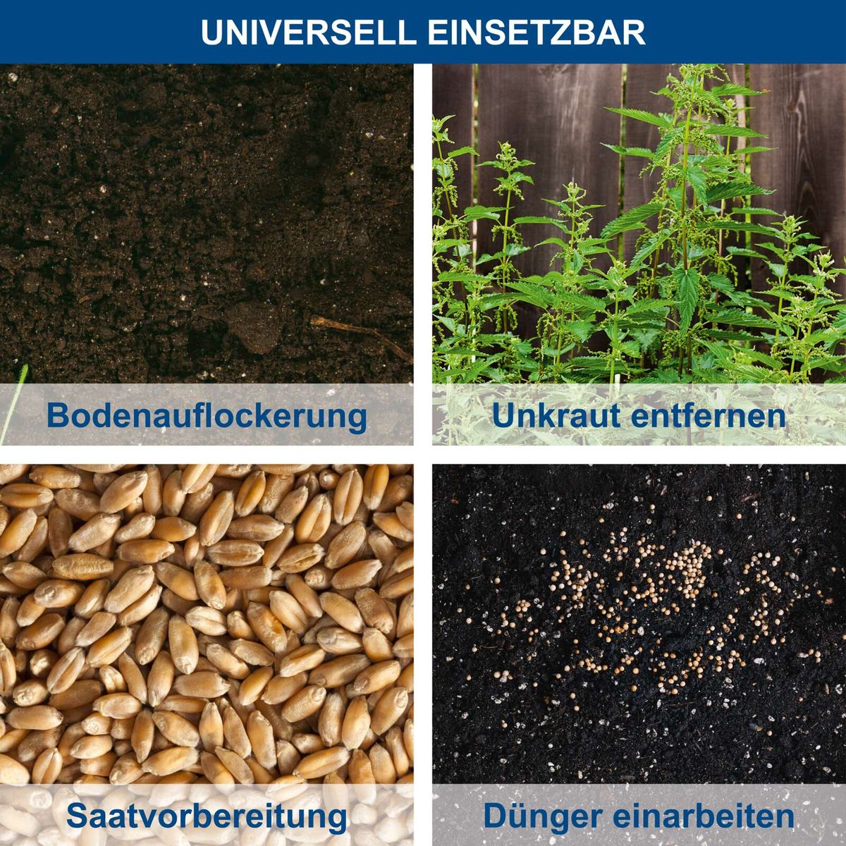 Wichtige Anleitungsbilder für Bodenlockerung, Unkrautentfernung, Saatvorbereitung und Dünger einarbeiten für Gartenarbeitstool