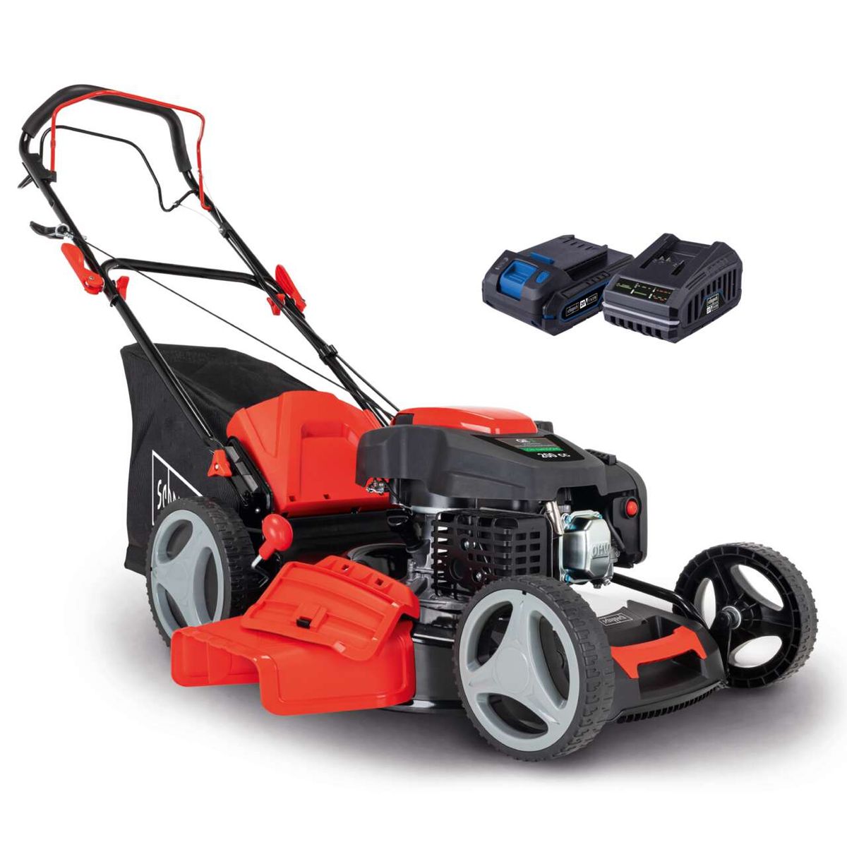 Scheppach Benzin-Rasenmäher MS200-51E mit Akku-Ladegerät, inkl. Lenkgriff und Fahrwerk