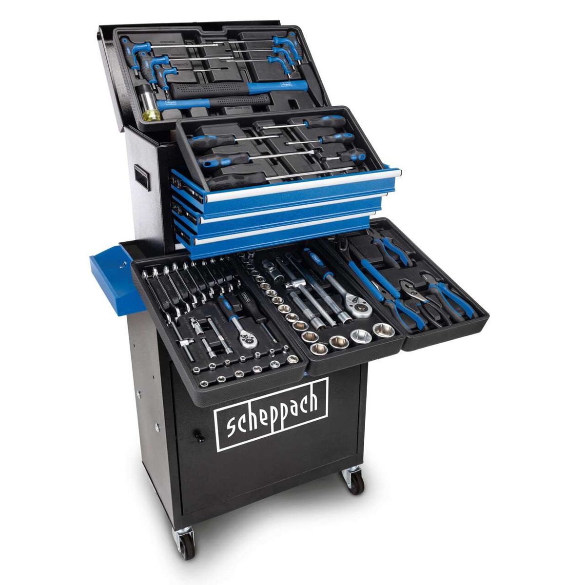 Der Scheppach Werkstattwagen TW1200 mit abnehmbarer Werkzeugkiste und 70 Teilen Werkzeug. Inklusive 1200 mm Arbeitshöhe und 4 Rollen für einfache Beweglichkeit. Ideal für Werkstatt und DIY-Projekte.