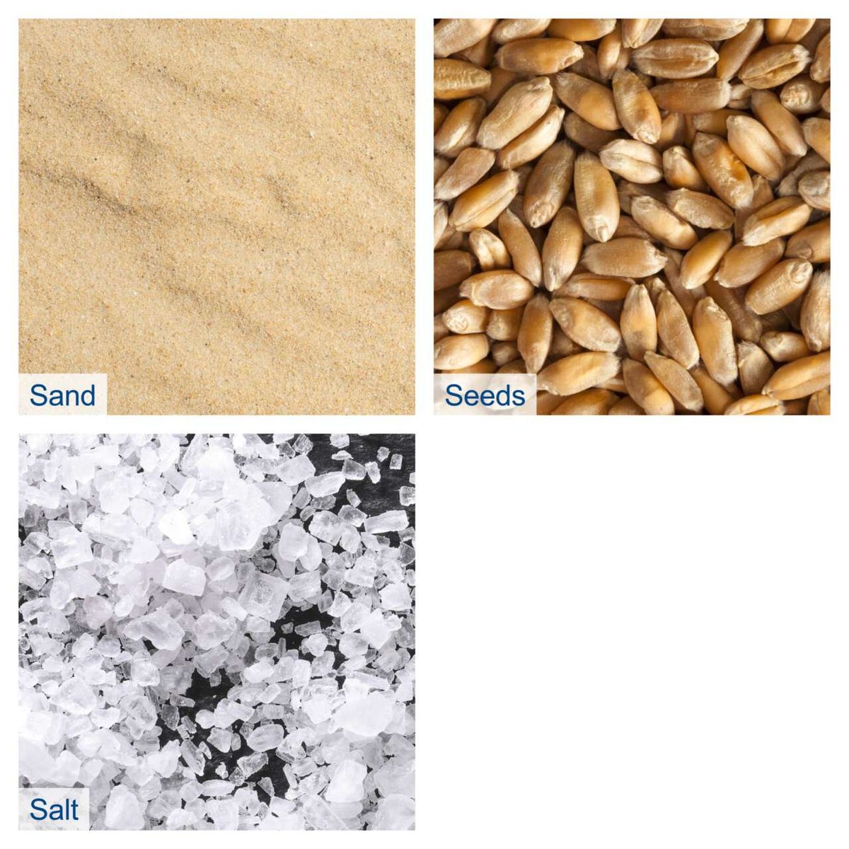 The cordless hand-held spreader C-GSP800-X by Scheppach has a spreading width of 5 meters and a capacity of 3.5 liters. The area performance is 800 square meters. Shown are sand, seeds, and salt that can be spread with the spreader.