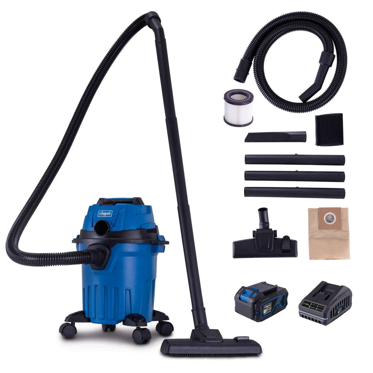 Scheppach Akku-Nass-/Trockensauger mit Komplettset inkl. Akku und Ladegerät, 1,5 m Schlauch, 12-Liter-Behälter