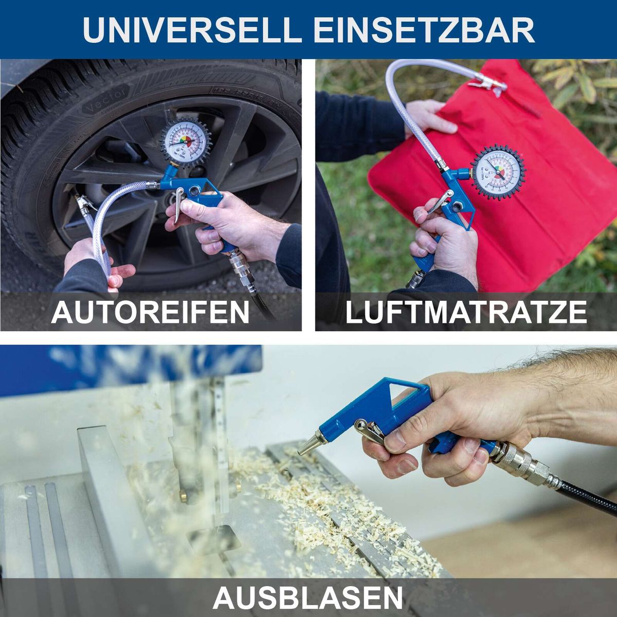 Mobiler Luftkompressor mit Reifenfüller, Luftpistole und Adapter für Autoreifen, Luftmatratzen und Ausblasen von Hindernissen