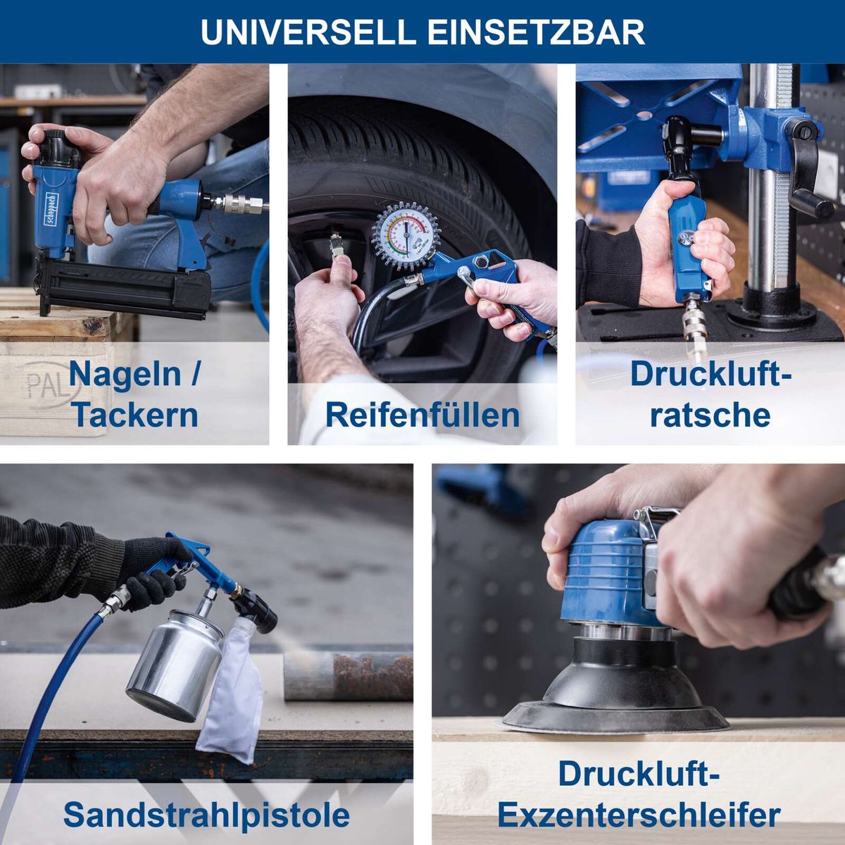 Universal einsetzbare Werkzeuge für Nageln/Tackern, Reifen füllen, Druckluft-Ratschenschloss und Sandstrahlpistole mit Druckluftbetrieb