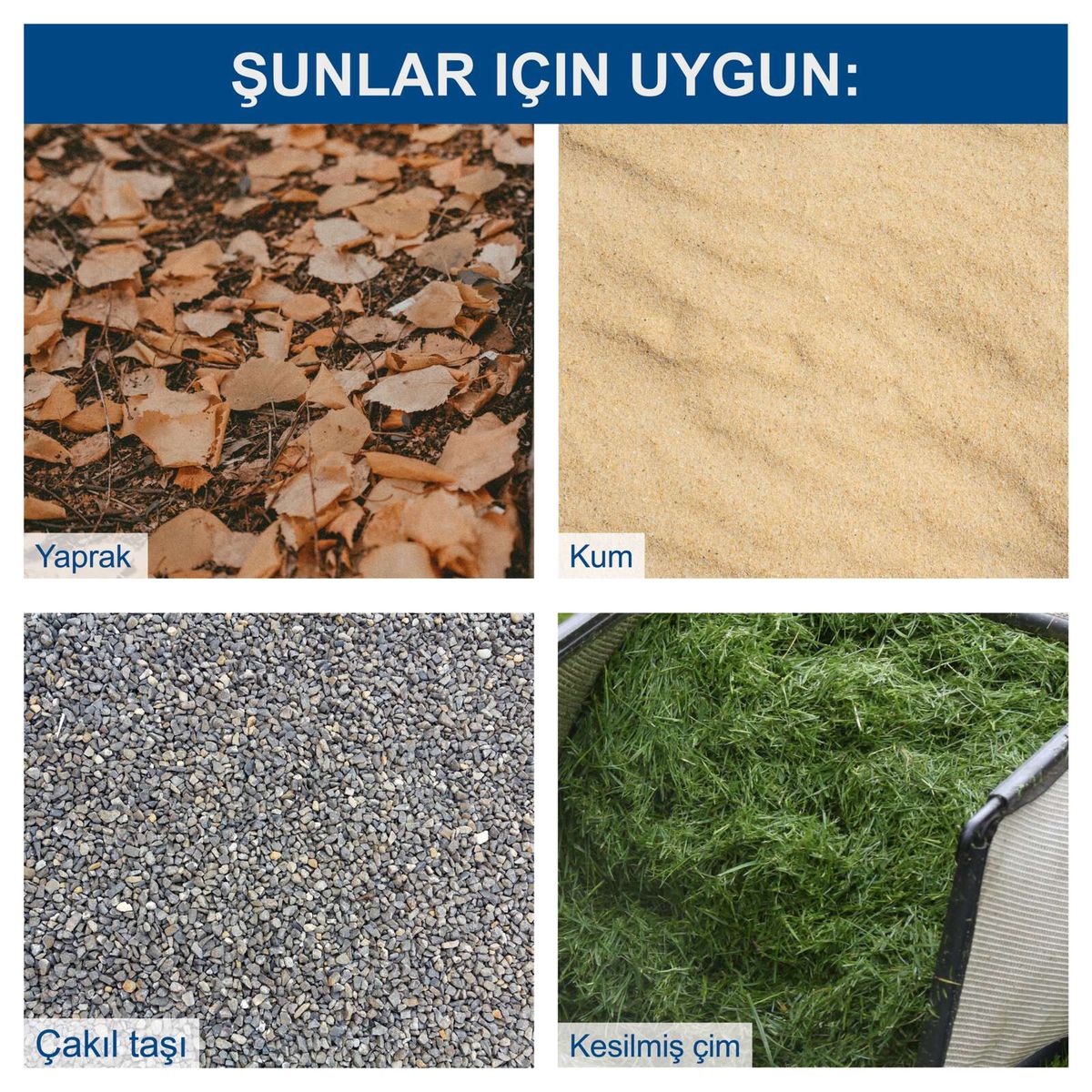 Das Bild zeigt geeignete Untergründe für den Einsatz des Scheppach TR3. Geeignet sind Laub, Sand, Kieselsteine und geschnittenes Gras.