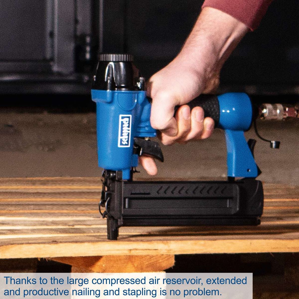 Scheppach air compressor featuring a large compressed air reservoir for extended nailing and stapling