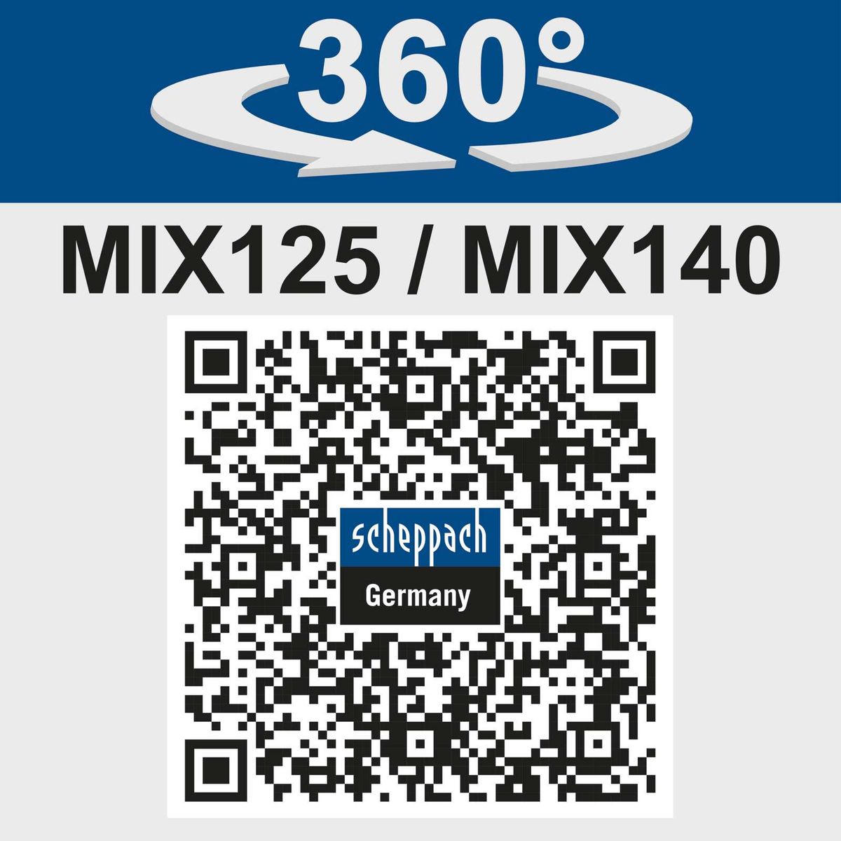 360°-Drehfunktion für MIX125/MIX140-Betonmischer mit QR-Code für Scheppach-Geräteinformationen
