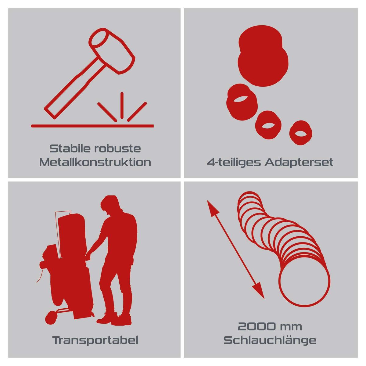 Wichtige Merkmale der Absauganlage: stabiler, robuster Metallrahmen; 4-stück-Adapter-Set; transportabel; Schlauchlänge bis 2000 mm