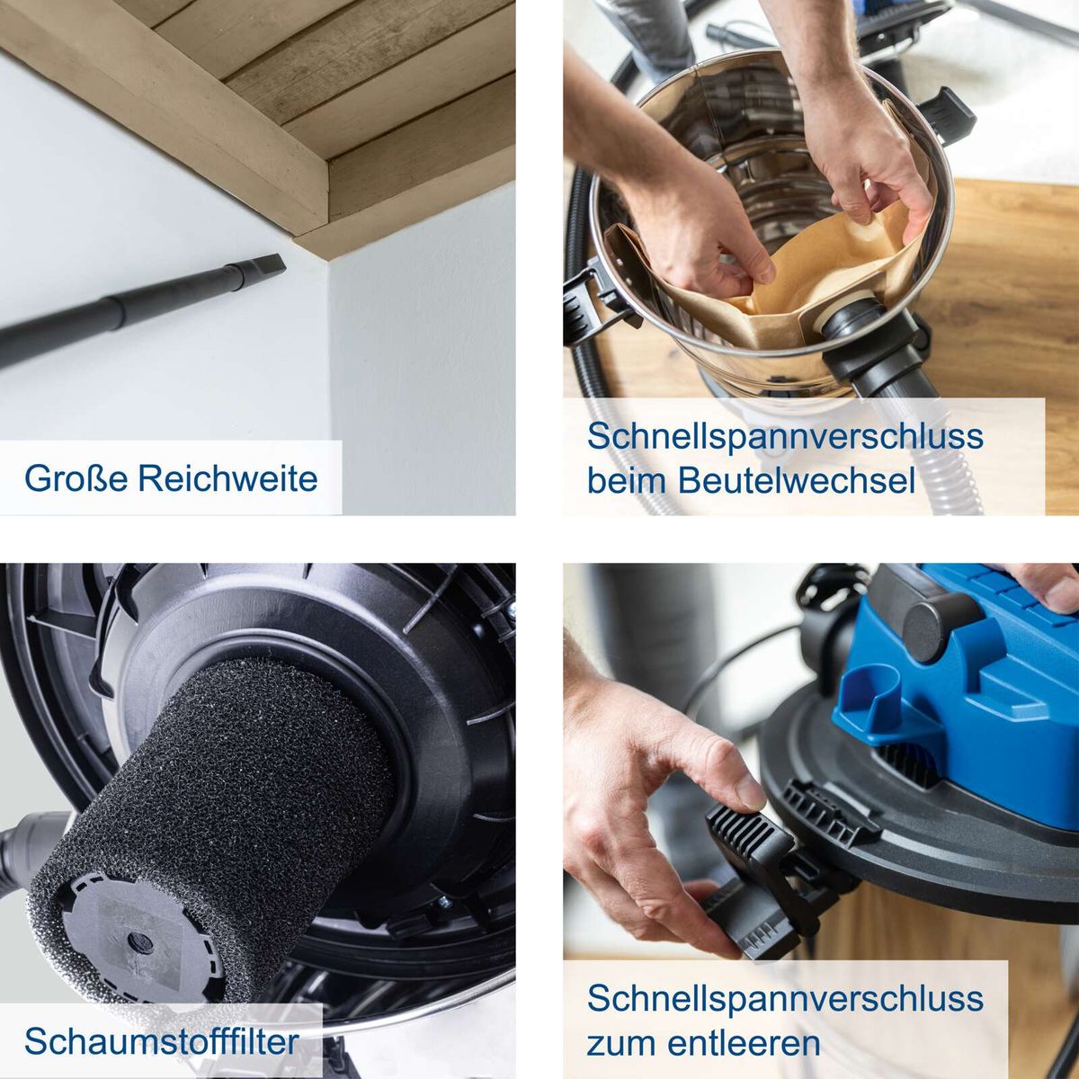 Wichtige Merkmale: Große Reichweite, schnelles Wechseln der Beutel, Schaumstofffilter, effiziente Entleerung des Beutels