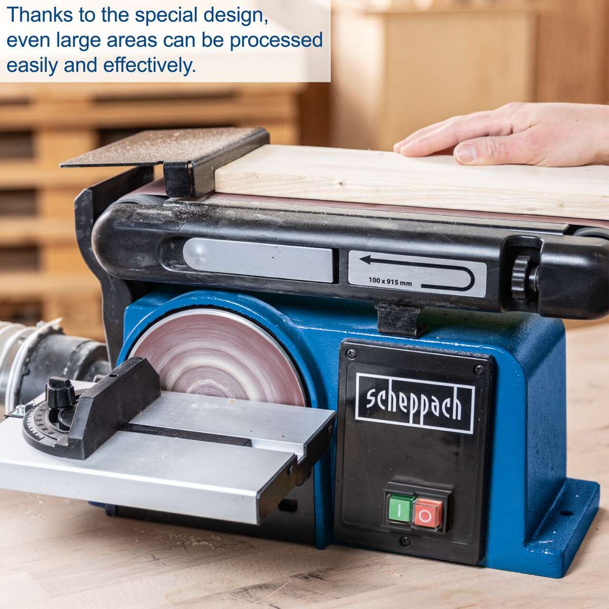 The Scheppach Belt & Disc Sander BTS800 features a special design for easy and effective processing of large areas. The disc size is 150 mm and the belt size is 100 x 915 mm.
