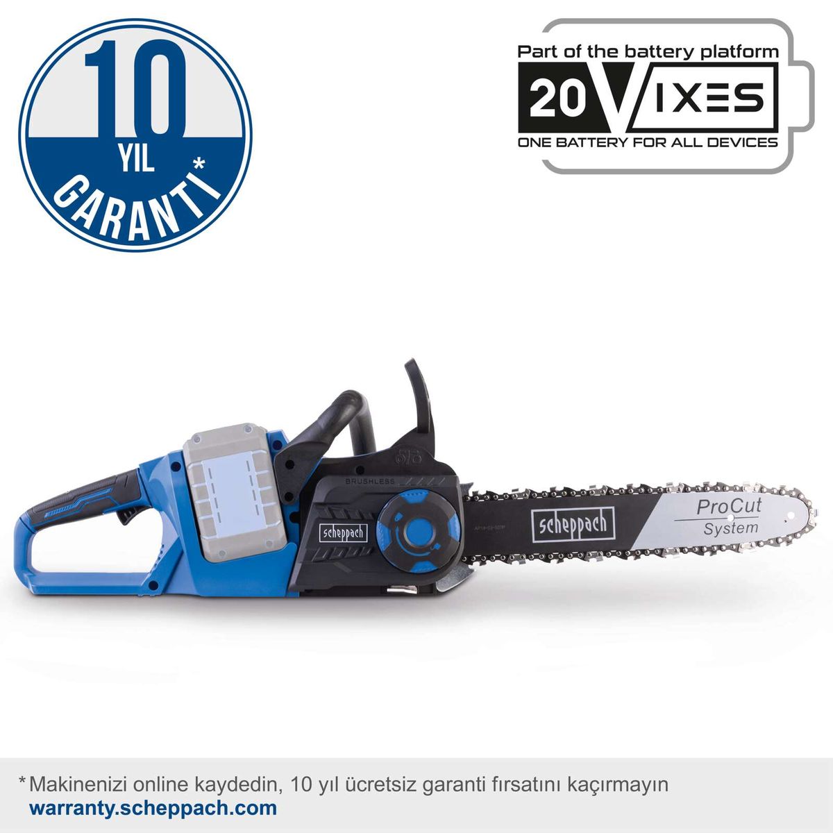 Akku-Kettensäge BC-CS355Duo-X von Scheppach mit 10 Jahren Garantie, Teil der 20VIXES Batterieplattform, ProCut System.