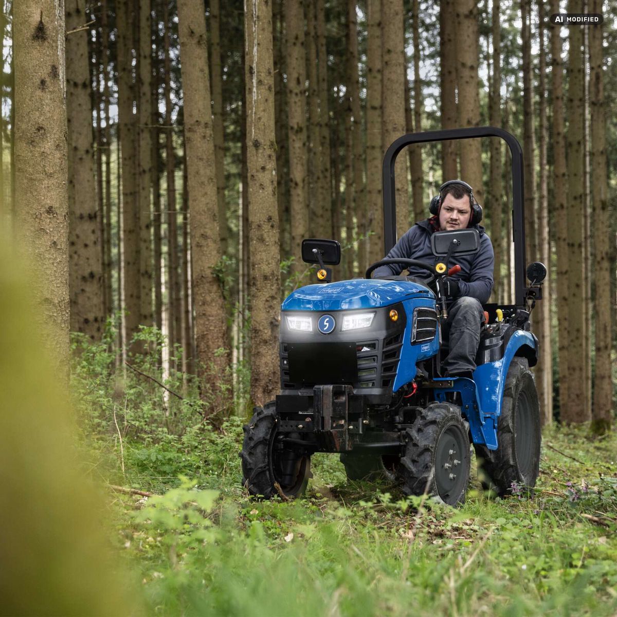 Scheppach Kompakttraktor MT25 mit 3-Punkt-Aufnahme und Allradantrieb, dargestellt in einer Innenansicht mit Fahrerposition und Arbeitsgerät.