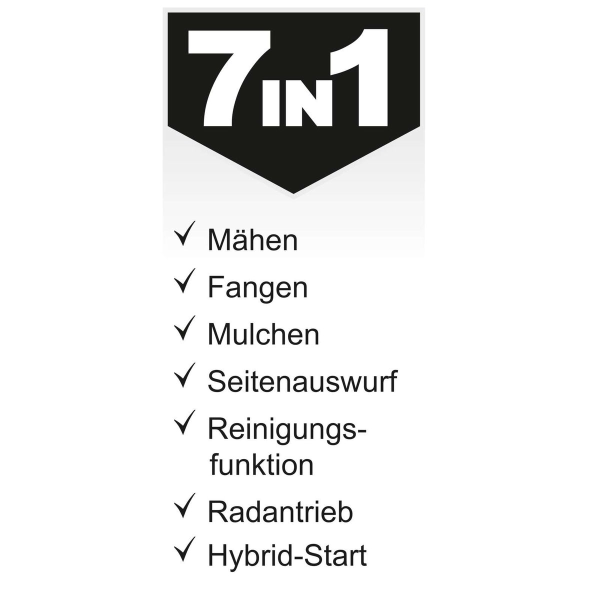 Der Benzin Rasenmäher PLM530-225E Scheppach bietet folgende Funktionen: Mähen, Fangen, Mulchen, Seitenauswurf, Reinigungsfunktion, Radantrieb und Hybrid-Start.
