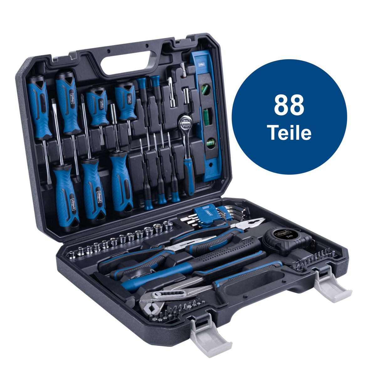 Werkzeugkoffer mit 88 Teilen inkl. Schraubendreher, Zangen, Hammer und anderen Werkzeugen für den Heimwerker.