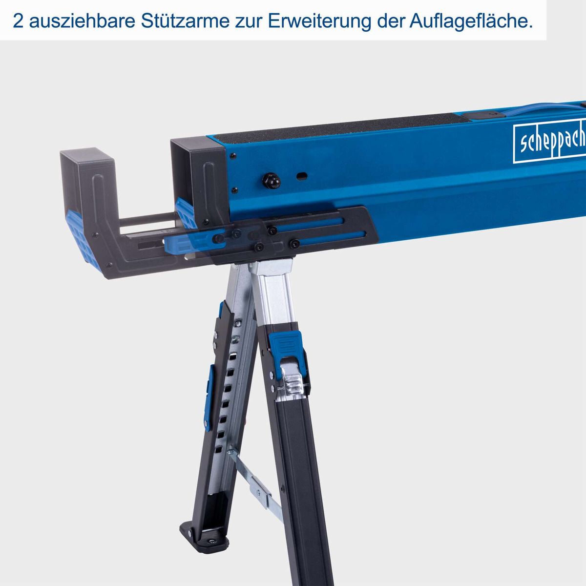 Der Arbeitsbock MWB700 von Scheppach verfügt über 2 ausziehbare Stützarme zur Erweiterung der Auflagefläche.