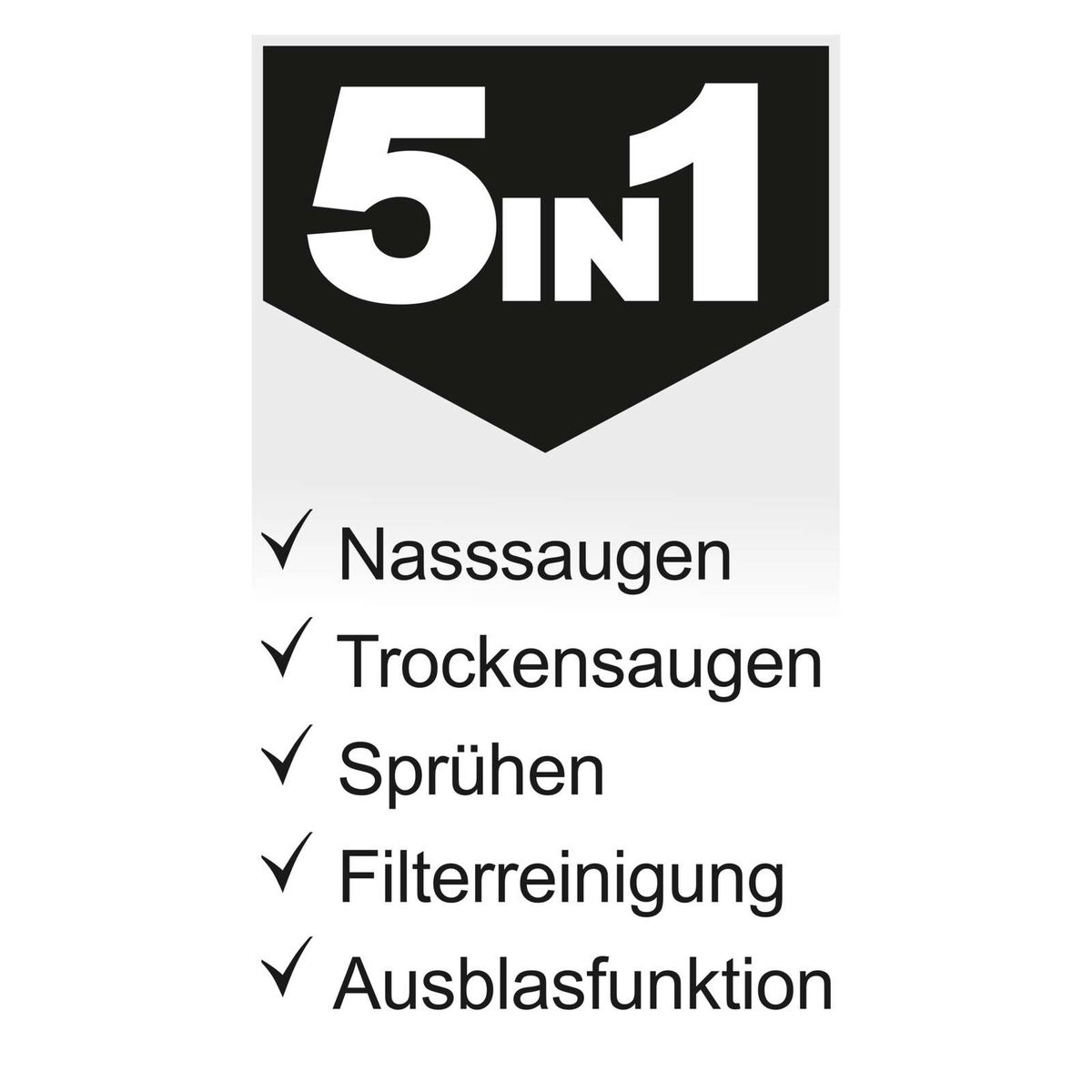 Der Scheppach 5in1 Sprüh- und Waschsauger bietet Nasssaugen, Trockensaugen, Sprühen, Filterreinigung und Ausblasfunktion.