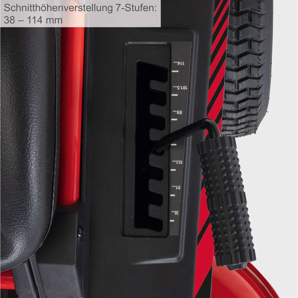 Schnitthöhenverstellung für 7 Stufen zwischen 38 mm und 114 mm für Rasenmäher