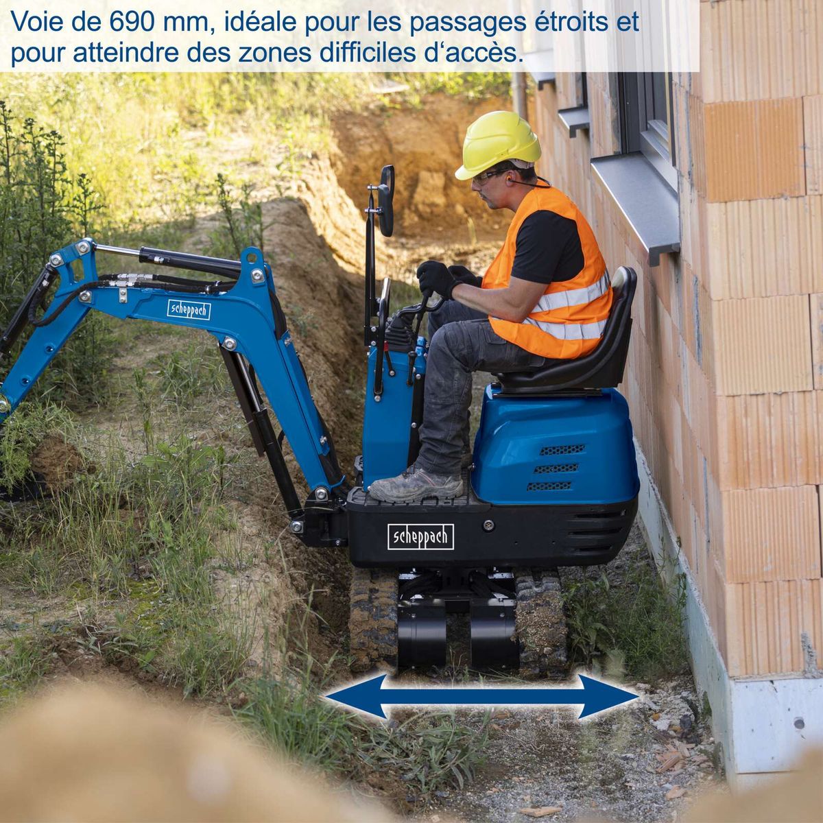 The Scheppach EXC815 petrol mini excavator has a track width of 690 mm, ideal for narrow passages and hard-to-reach areas.