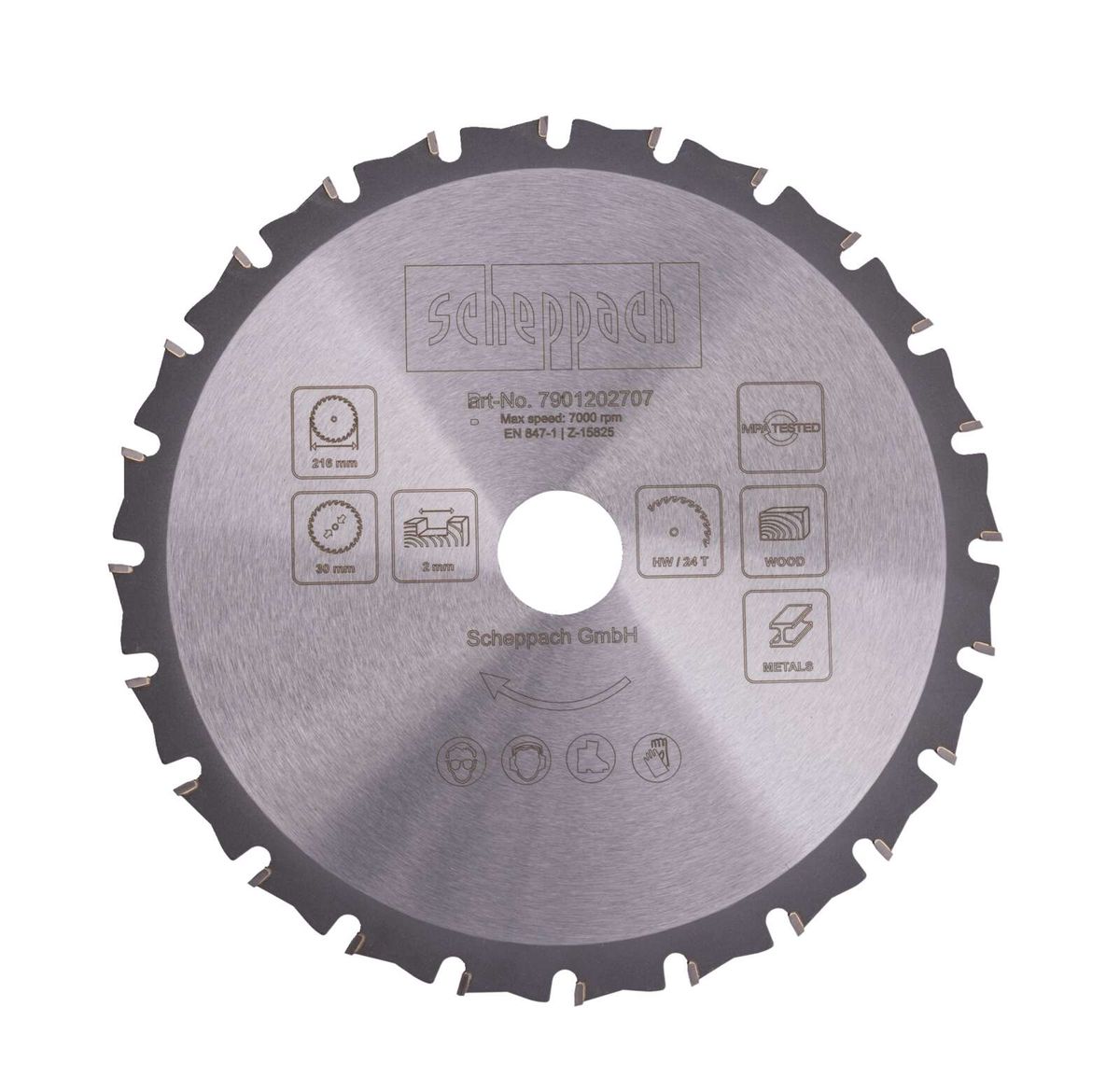 Kreissägeblatt von Scheppach, Artikelnummer 7901202707, Durchmesser 216 mm, Dicke 30 mm, Zahnstärke 2 mm, 24 Zähne, Maximalgeschwindigkeit 7000 U/min. Gezeigt von vorne.