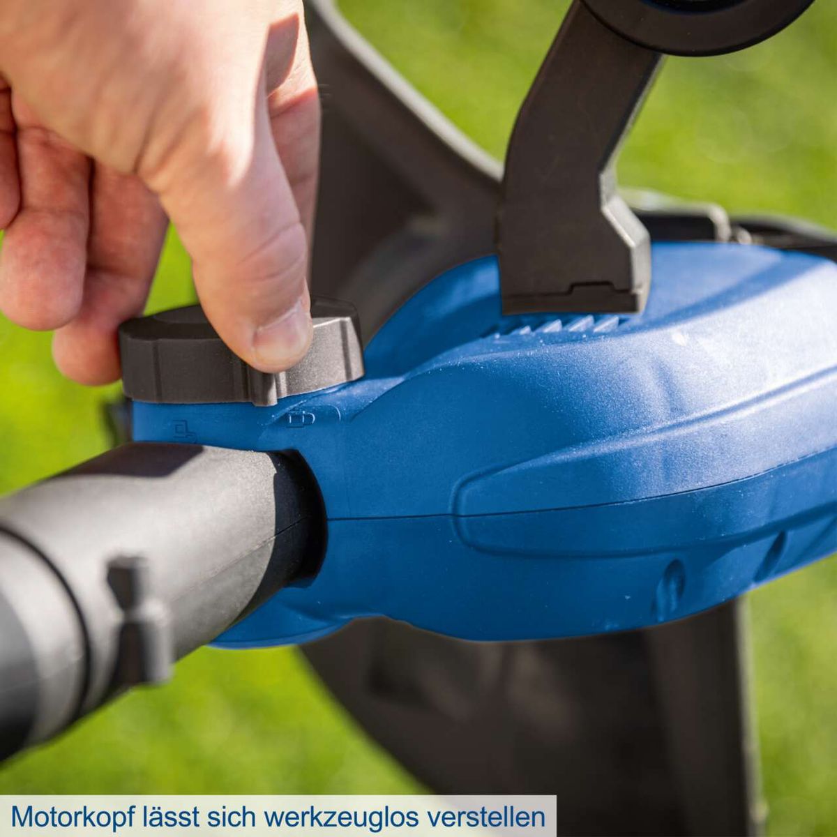 Motorkopf lässt sich werkzeuglos verstellen – Höhenanpassung für komfortables Arbeiten