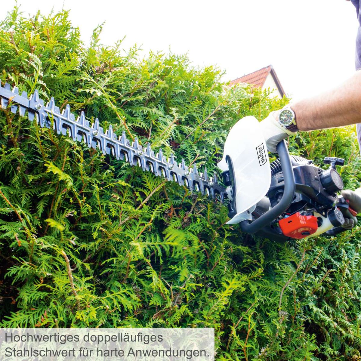 Hochwertige Scheppach-Heckenschere mit doppelten Stahlschwertern für präzise Schnitte