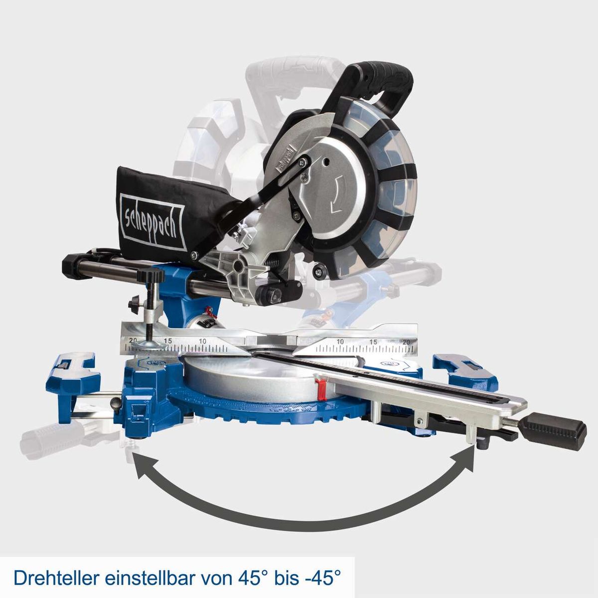 Die Kappzugsäge HM254SPX von Scheppach bietet einen Drehsteller, der von 45° bis -45° einstellbar ist.