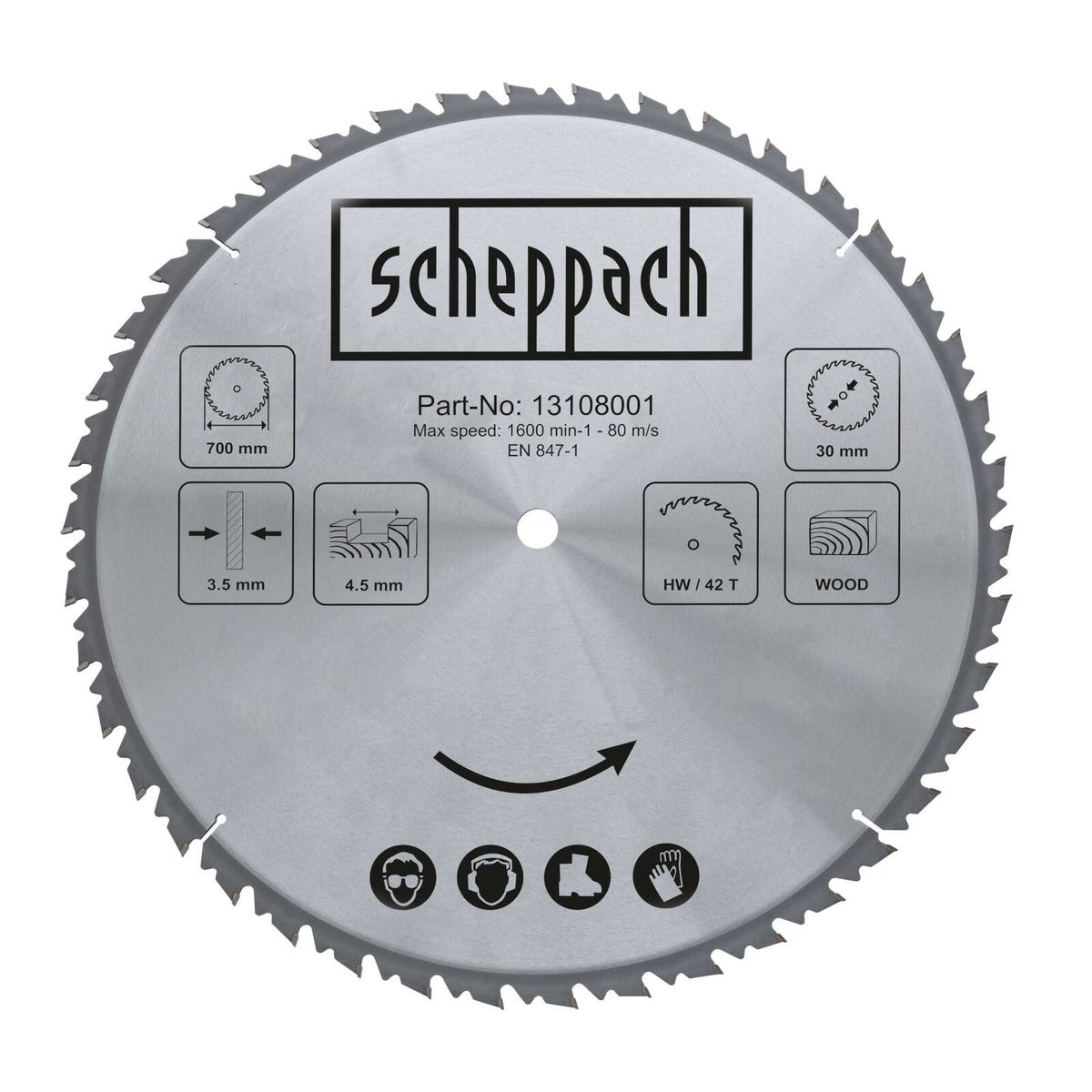 Scheppach-Sägeblatt mit Teilnummer 13108001; Maximalgeschwindigkeit 1600/min, 80 m/s; 700 mm Breite, 30 mm Tiefe; 3,5 mm und 4,5 mm Kerbtiefe; für Holz und Hartmetall (HW 42 T)
