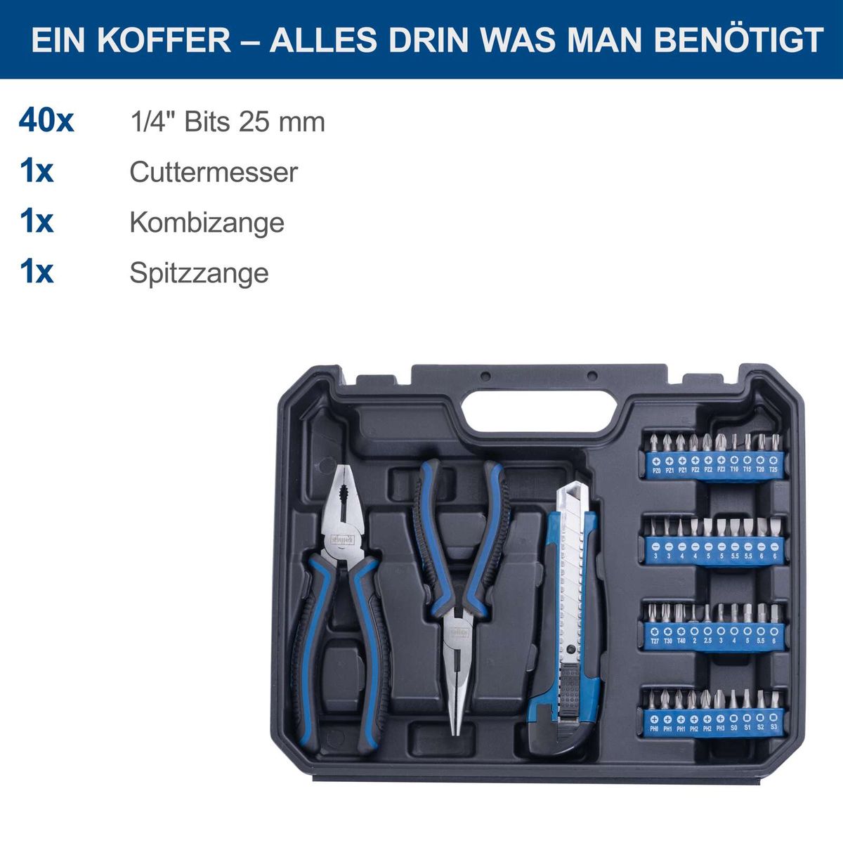 Der Werkzeugkoffer WZK49 von Scheppach enthält 40x 1/4" Bits (25 mm), 1x Cuttermesser, 1x Kombizange und 1x Spitzzange. Alle Werkzeuge sind in einem praktischen Koffer verpackt.