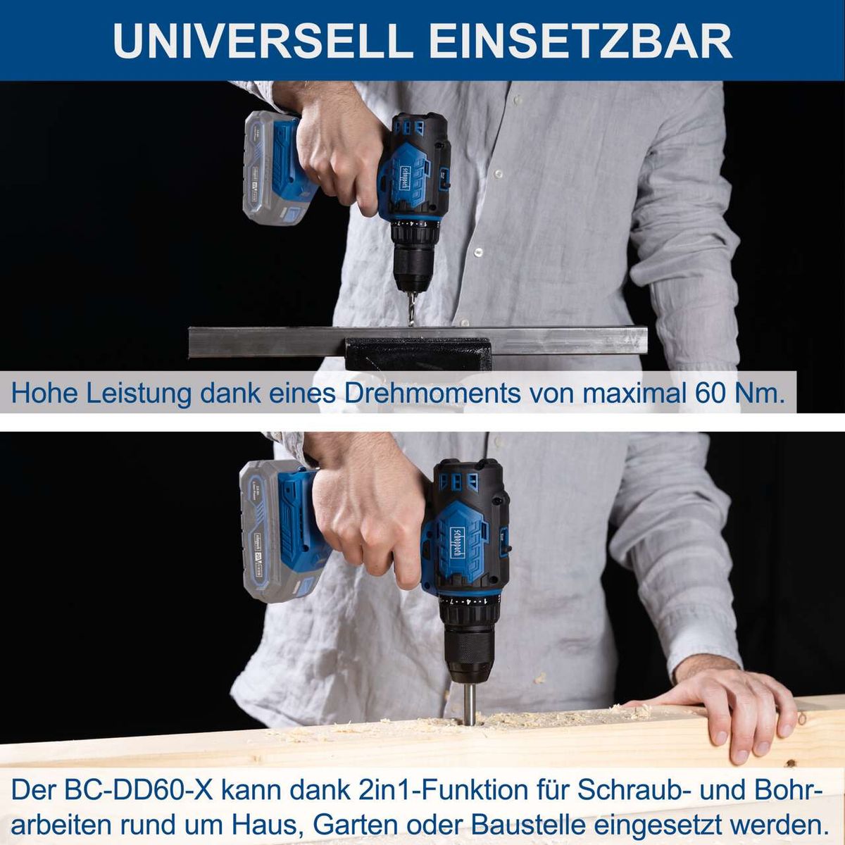 Akku-Bohrschrauber mit 2-in-1-Funktion für Schraub- und Bohrarbeiten, maximales Drehmoment von 60 Nm