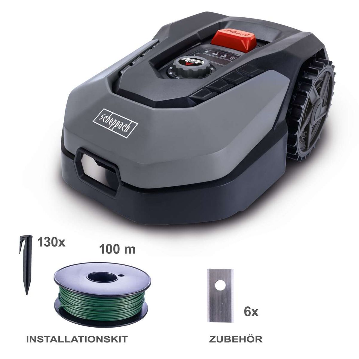 Der Scheppach RoboCut L500 Rasenmäherroboter mit 130x Installationskit (100 m Kabel) und 6x Zubehör.