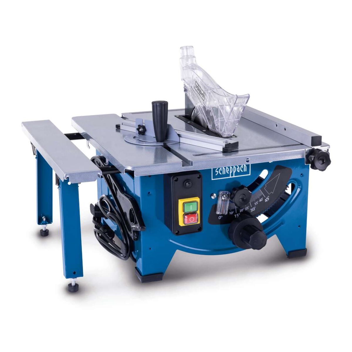 Die Scheppach Tischkreissäge HS80 mit 230V, 50Hz, 1200W und 210mm Schneidebreite. Sie verfügt über eine Höhen- und Winkelverstellung, einen Schutzbügel und einen Staubabsauganschluss.